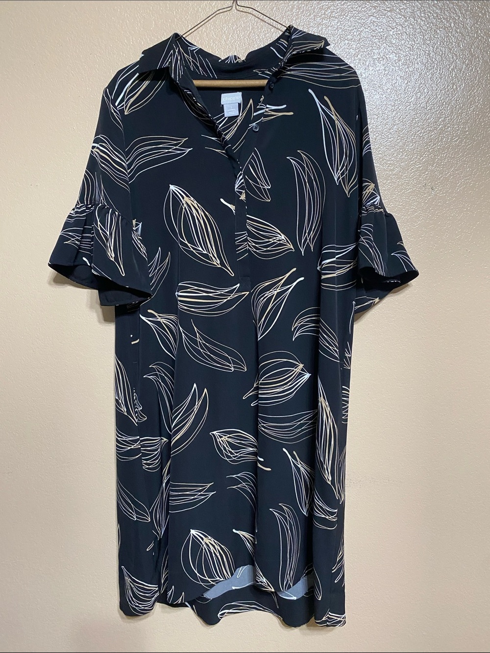 Chico's Black Midi Dress with Cream Leaf Print w/pockets
